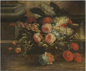 A Still Life With Various Flowers On A Step by Carl Wilhelm de Hamilton