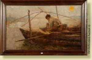 Pecheur Au Coucher Du Soleil by Willem Van Den Bruel