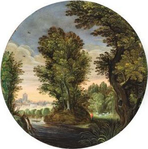 Bewaldete Landschaft Miteinem Hirten Und Stadt Im Hintergrund - view 1