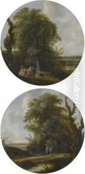 Landscape With Elegant Figures Walking Along On A Country Path, Adistant View Of Delft Beyond; Landscape With Figures Passing A Pond And Resting Traveller, A Viewof Overschie And Rotterdam Beyond - view 1