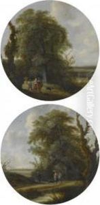 Landscape With Elegant Figures Walking Along On A Country Path, Adistant View Of Delft Beyond; Landscape With Figures Passing A Pond And Resting Traveller, A Viewof Overschie And Rotterdam Beyond