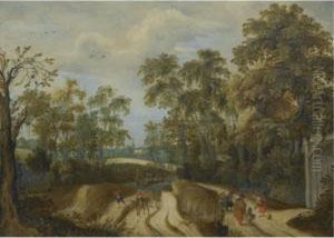 Peasants On A Country Road At A Forest Edge, A Church Beyond by Willem Van Den Bundel