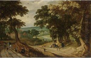 An Extensive Wooded Landscape With Elegant Figures Walking And Resting Together With Sportsmen And Their Dogs, A Town Beyond