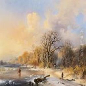 Wintry Scene With Figures On A Frozen Over Lake