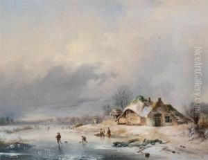 Animated Winter Landscape With Figures Near The Farmhouse