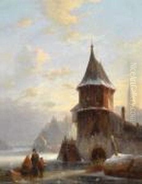 Winterlandschaft Mit Einerstadt An Einem Zugefrorenen Kanal - view 1