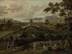 An Extensive Wooded River Landscape With Figures Courting And Merry Making, A Windmill Beyond by Jasper van der Lanen