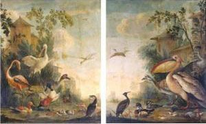 A Flamingo, A Spoonbill, A Shoveler, A Cormorant And Other Birds By A Lake; A Pelican, Wood Ducks And Other Birds By A Lake