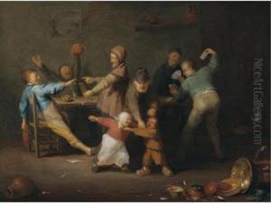 An Interior With Peasants Gambling And Children Play-fighting