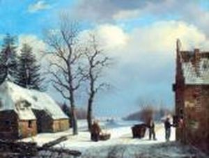 Marchands De Fagots De Bois Dans Un Paysage De Neige by Henricus Leonardus Van Den Houten
