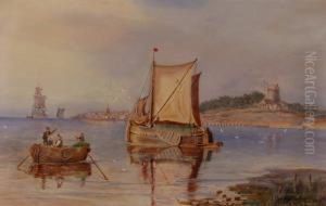 Huten , Oil On Canvas, Dutchcoastal Harbour Scene Titled "the Sluggish Scheldt", Signed, 16" X26" by Leon Van Den Houten