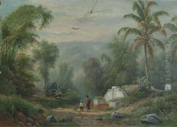 Figures Passing Chinese Graves In An Indonesian Landscape - view 1