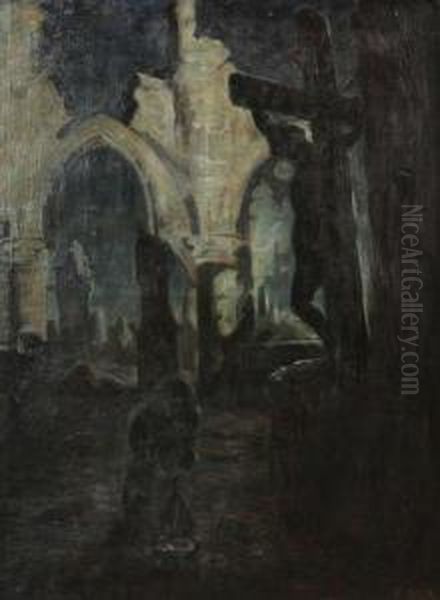 Kathedraal In Puin Met Geknielde Vrouw Voor Christusbeeld - view 1