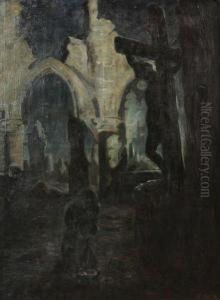 Kathedraal In Puin Met Geknielde Vrouw Voor Christusbeeld by Constant Van Den Oever