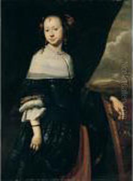 Portrait Of A Young Lady, Three-quarter Length, Standing, Wearing Black, Holding A Sprig Of Orange Blossom - view 1