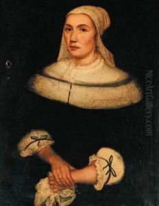 Portrait Of A Lady, Three-quarter-length, In A Black Dress With Alace Collar And Bonnet, Holding A Kerchief Portrait Of A Lady, Three-quarter-length, In A Black Dress With Alace Collar And Bonnet, Holding A Kerchief