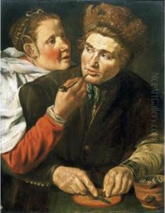 An Interior With A Man Wearing A Fur Hat And Cutting Tobacco, A Lady Handing Him A Pipe by Werner Jacobsz. van den Valckert