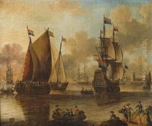 Shipping At Anchor Off A Harbour Town, Figures On The Shore In The Foreground