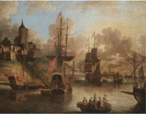 English And Dutch Shipping At Anchor Before An English Fort
