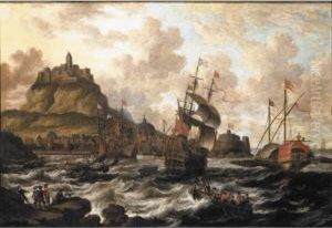 A View Of A Harbour With A Man O' War And A Galley, A Rowing Boat And Figures On A Rock In The Foreground