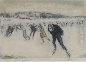 Skaters On The Ice by Cornelis Johannes Van Der Aa