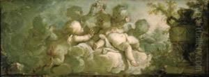 An Overdoor: Putti Desporting On Clouds By A Vase On Pedestal
