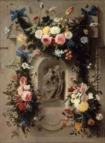 Garlands Of Flowers Surrounding A Statue Of The Madonna And Child In A Niche - view 1
