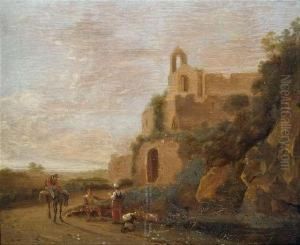 Southern Landscape With Herdsmen And A Traveller In Front Of Ruins.