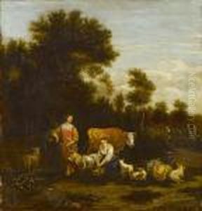 Hirten Und Hirtinnen Mit Ihren Tieren Vor Weiter Landschaft by Harmenszoon van Rijn Rembrandt