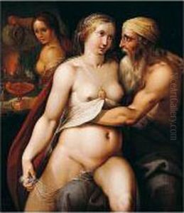 Lot And His Daughters, With The Burning Of Sodom Beyond by Lazarus Van Der Borcht
