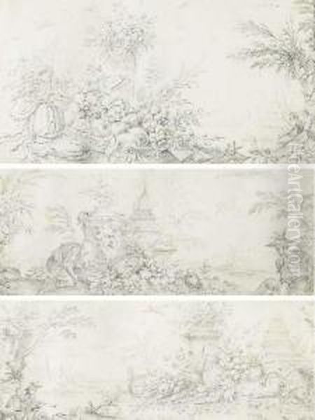 Trois Frises De Chinoiseries: Une Nature Morte De Fruits Dans Unpaysage Chinois Avec Deux Figures; Un Ecureuil Grignotant Des Noix,avec Une Nature Morte Dans Un Paysage De Pagodes, Deux Chinois Aupremier Plan; Et Un Chinois Deposant Un Panier De Fruits Da - view 1