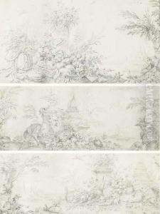 Trois Frises De Chinoiseries: Une Nature Morte De Fruits Dans Unpaysage Chinois Avec Deux Figures; Un Ecureuil Grignotant Des Noix,avec Une Nature Morte Dans Un Paysage De Pagodes, Deux Chinois Aupremier Plan; Et Un Chinois Deposant Un Panier De Fruits Da by Dominique Joseph Van Der Burch