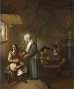 A Tavern Interior With A Soldier Seated Near A Window With A Serving Woman, Figures Playing Cards Behind by Henry Van Der Burch
