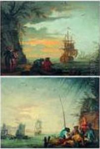 Scenes De Ports Mediterraneens Animes De Pecheurs by Henry Van Der Burch