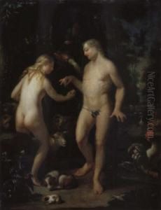 Paradieslandschaft Mit Adam Und Eva by Adriaan Van Der Burg