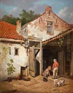 Farm Exterior With Playing Children And A Dog