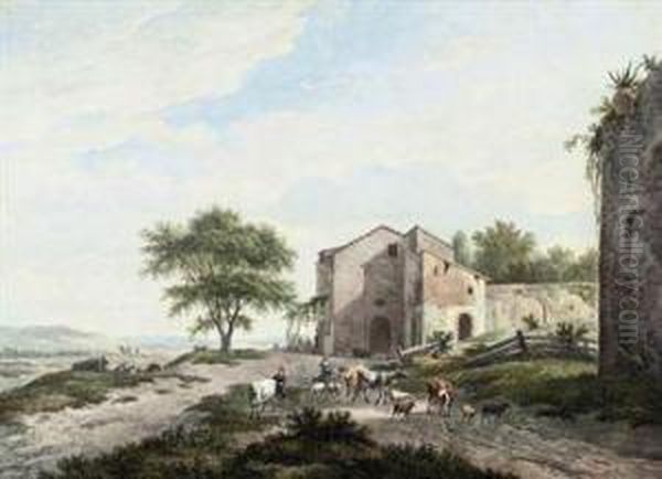 An Extensive Landscape With A Drover With Cattle And Sheep - view 1