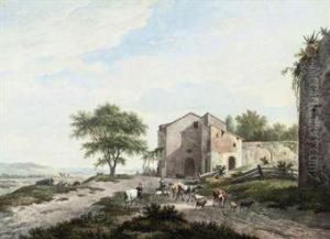 An Extensive Landscape With A Drover With Cattle And Sheep by Pieter Daniel van der Burgh