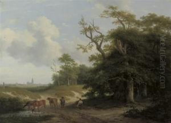 Cows In A Landscape With Farmers And Trees, A City In Thebackground - view 1