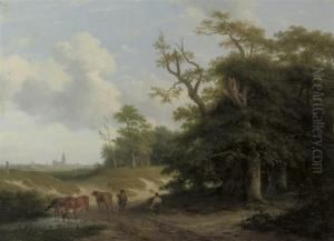 Cows In A Landscape With Farmers And Trees, A City In Thebackground by Pieter Daniel van der Burgh