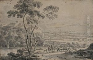 Bergers Et Troupeau Dans Un Paysage by Adriaen Van Der Kabel