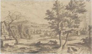 A Village In A Landscape by Adriaen Van Der Kabel