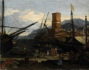Veduta Di Porto Con Torre E Velieri by Adriaen Van Der Kabel