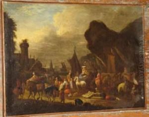 Harbour Trade Scene by Adriaen Van Der Kabel