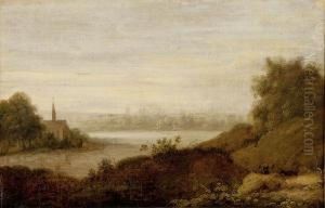 Paysage A L'eglise Au Bord D'une Riviere by Anthony Jansz. Van Der Croos