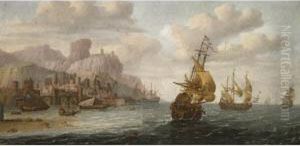 Dutch And English Shipping Off A Mediterranean Port by Anthony Jansz van der Croos