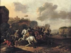 A Cavalry Skirmish In A Rocky Italianate Landscape