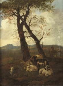 A Hilly Landscape With A Shepherd And His Flock by Jacob Van Der Does I