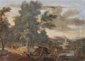 A River Landscape With Huntsmenin The Woods And A Village With Boats Loading