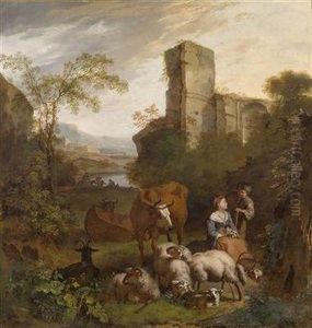 Young Pair Of Shepards In A Landscape With Resting Riders